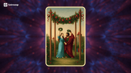 Four of Wands tarot card showing two figures celebrating under a floral canopy