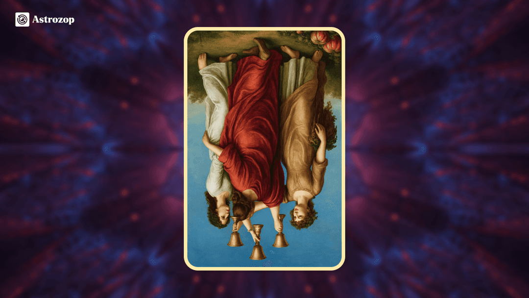 Reversed Three of Cups tarot card with three figures turning inward or separated