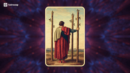 Three of Wands tarot card showing a figure standing on a cliff, holding one wand