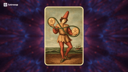 Two of Pentacles tarot card showing a figure juggling two pentacles connected by an infinity symbol